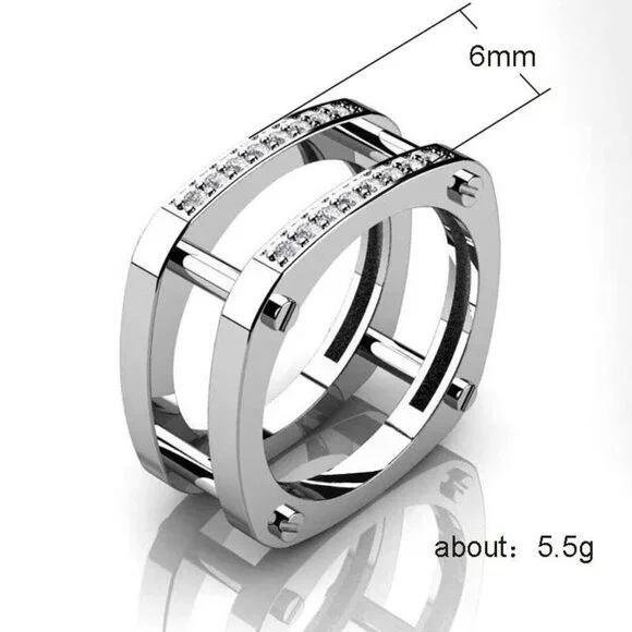 ▶Square Glitter Zircon Double Layer Silver Plated Ring for Men, L187